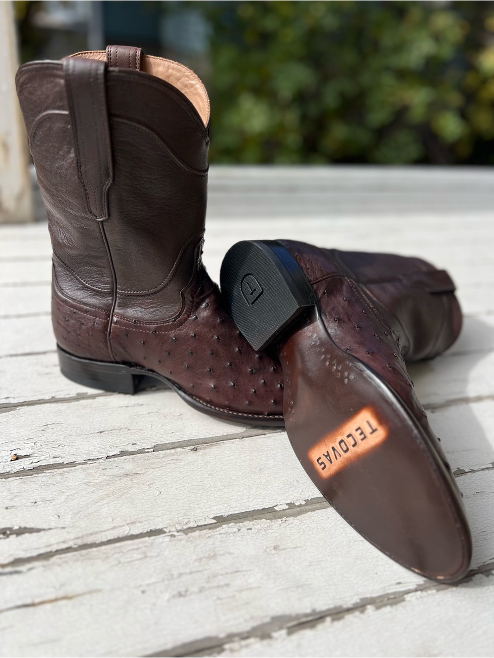 Tecovas Dark Brown Ostrich Leather Cowboy Boots